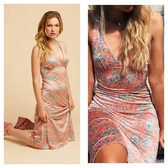 Free People Nowhere To Be Slip Dress Medium Midi Coral Floral Stretch Satin - Picture 8 of 14